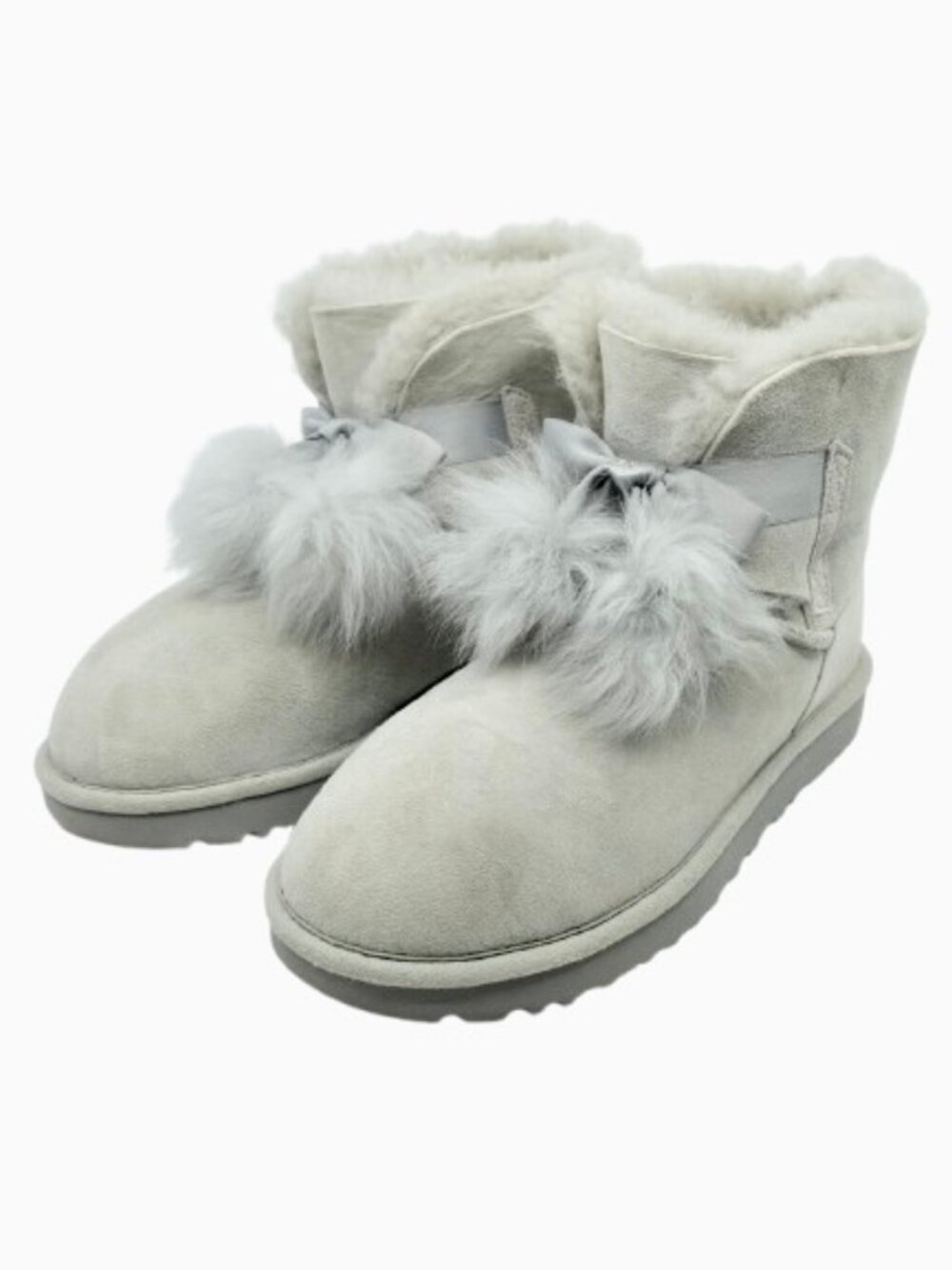 UGG~Gita Pom Pom~GRAY SUEDE SHEARLING WOMENS ANKLE BOOTS Sz 9 NEAR NEW